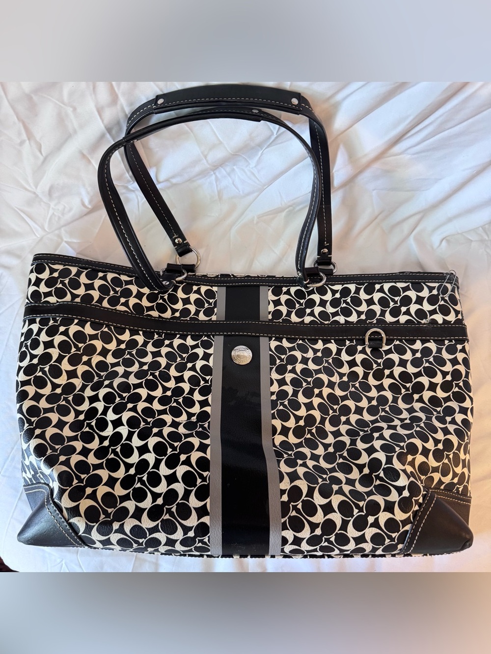 Coach Chelsea Heritage Stripe Signature Tote Black White Coated Canvas #F15134